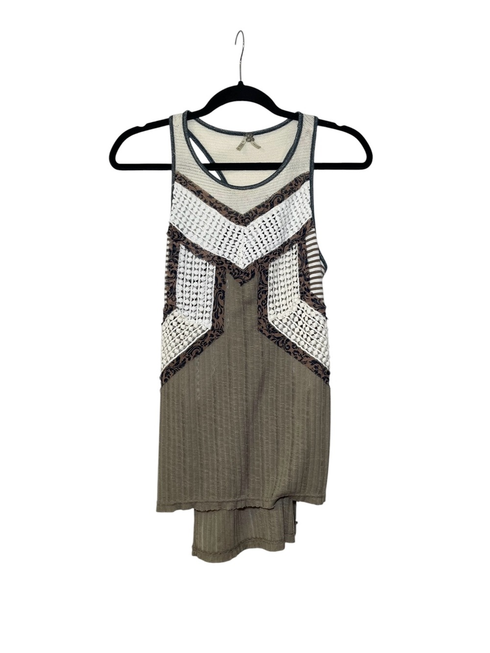 Gimmicks By BKE Sleeveless Olive Knit Tank with White Crochet Panels Size Small